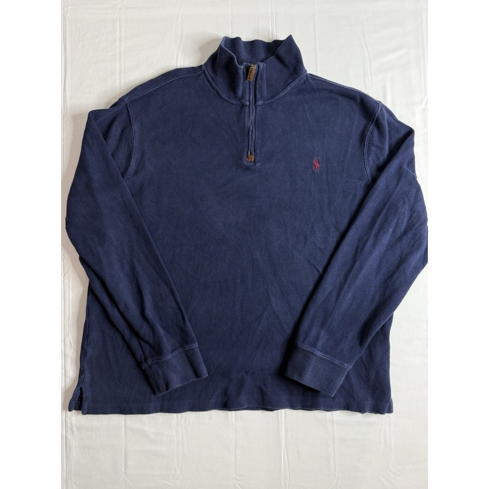 Polo Ralph Lauren Sweater Men's L Blue Mock Neck 1/4 Zip Red Pony 100% Cotton